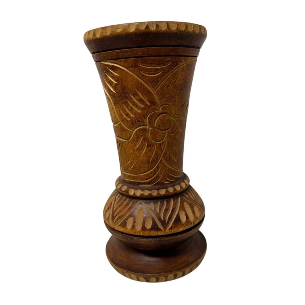 Vintage Wood Carved Tiki Vase Floral Boho Brown Home Decor